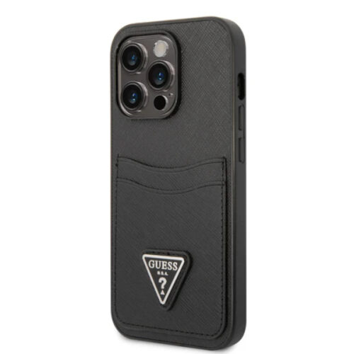 Guess PU Saffiano Case with Double Card Slot & Metal Triangle Logo for iPhone 14 Pro Max